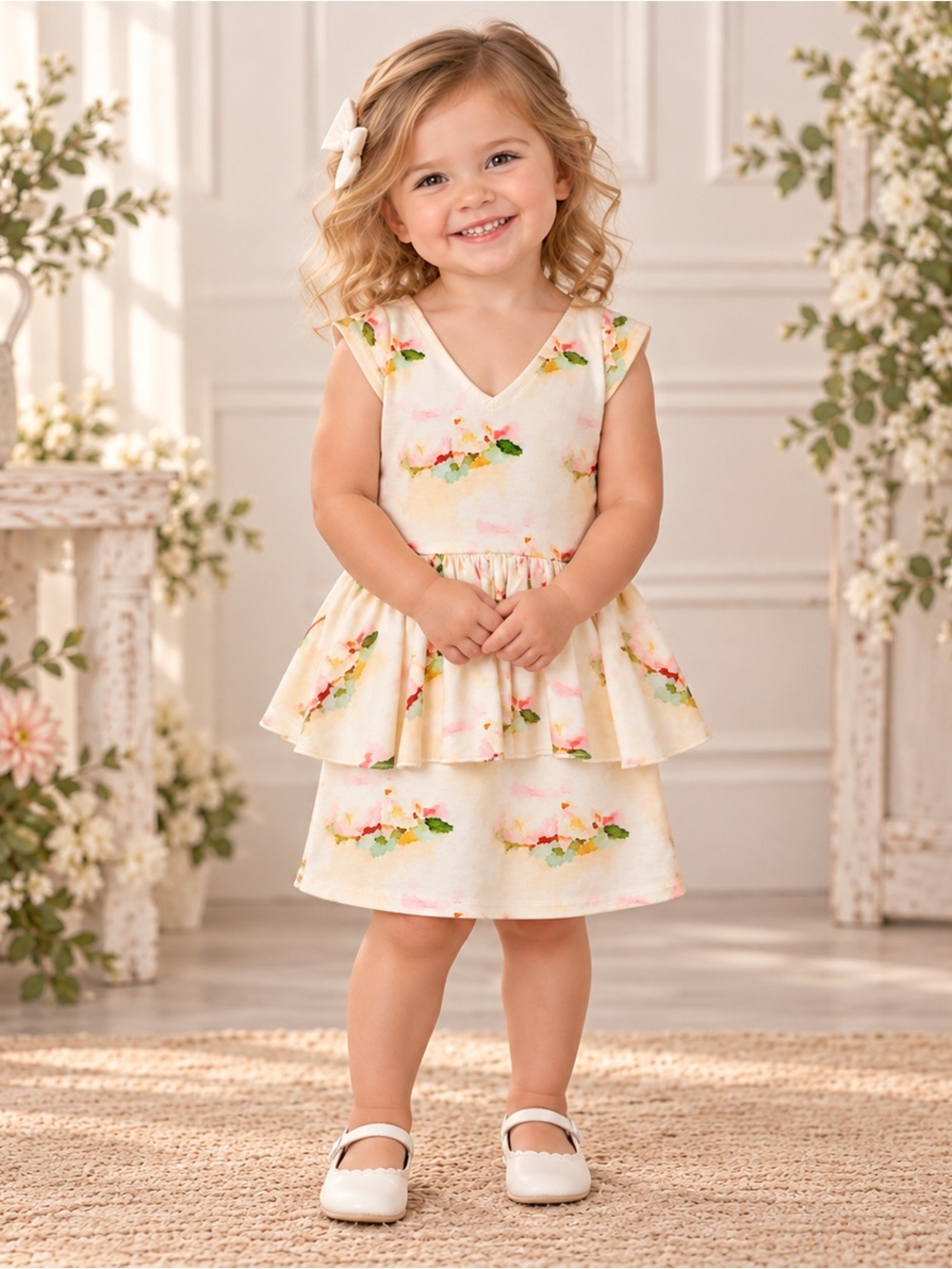 Mia Joy Mirielle Floral Girls Size 2 Ivory Watercolor Peplum Dress NWT